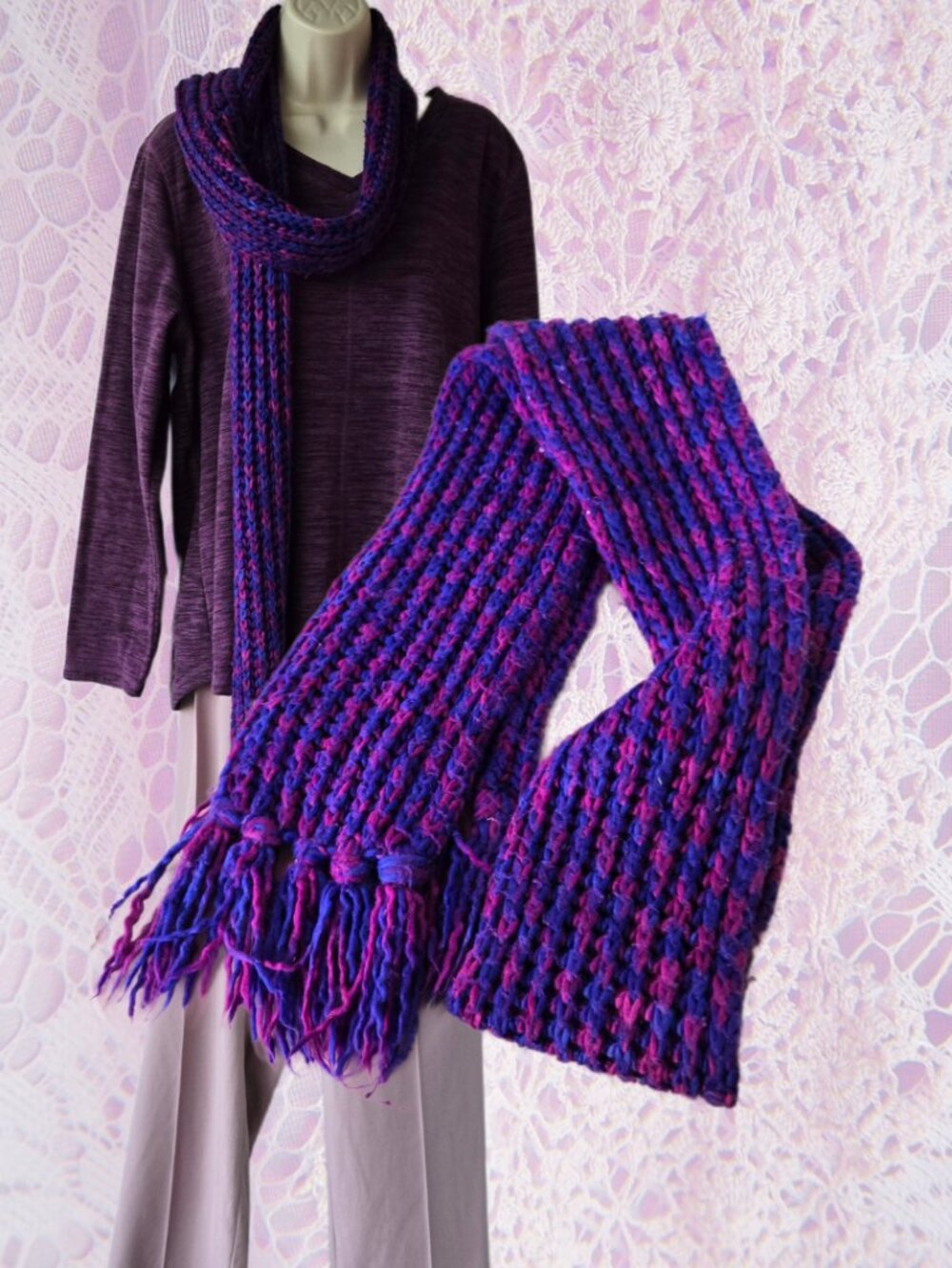 Purple Violet Fuchsia Fringe Scarf Fall Fashion Winter Wear Colorful Chunky Knit